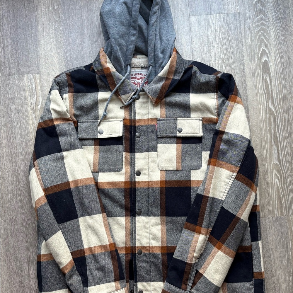 Levi's Black and Brown Plaid Hooded Jacket